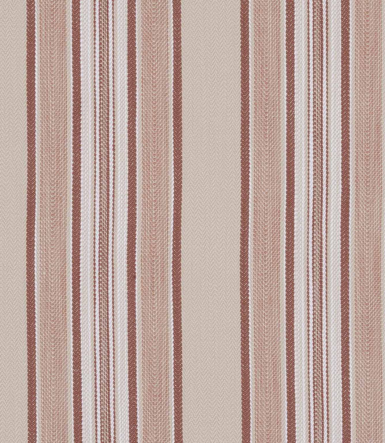 Decorative fabric with varied vertical stripes in red, cream and soft neutrals, combining different stripe widths.