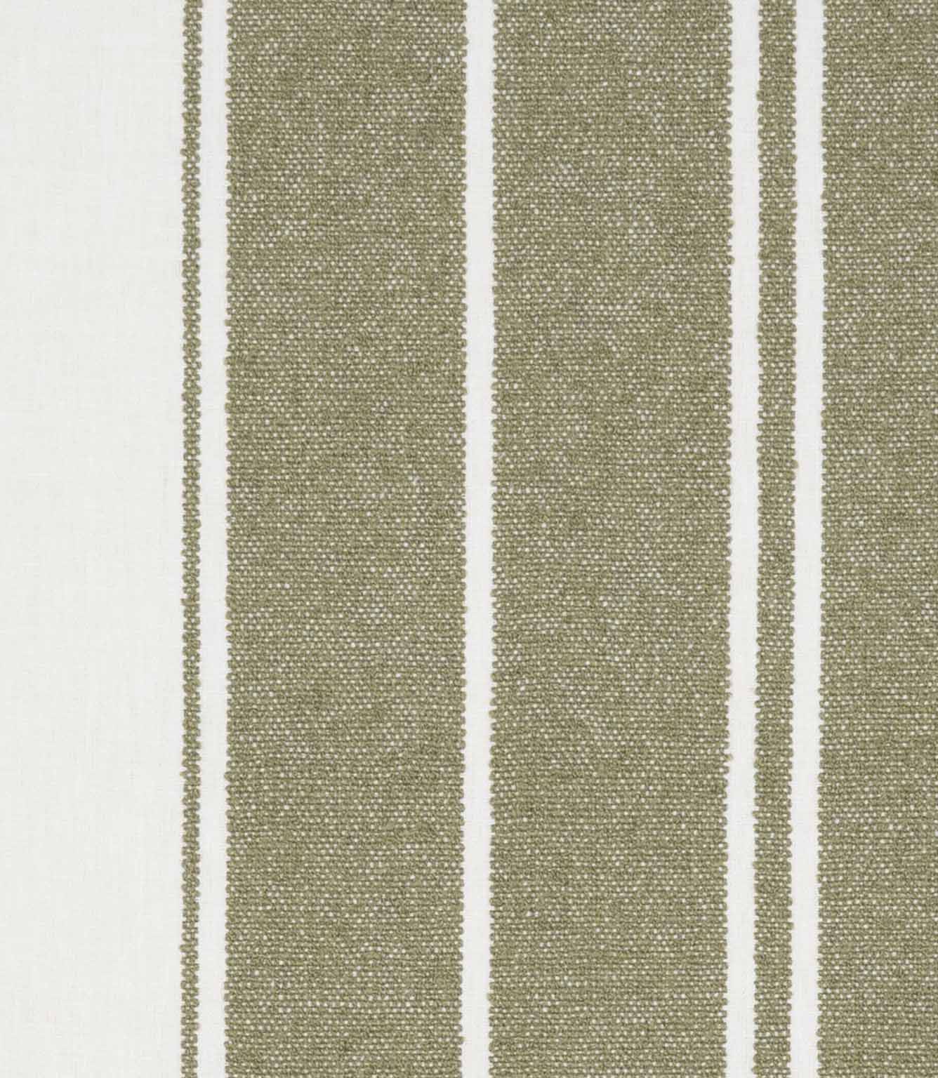 Olive green and white striped fabric with wide vertical stripes and a natural woven texture.