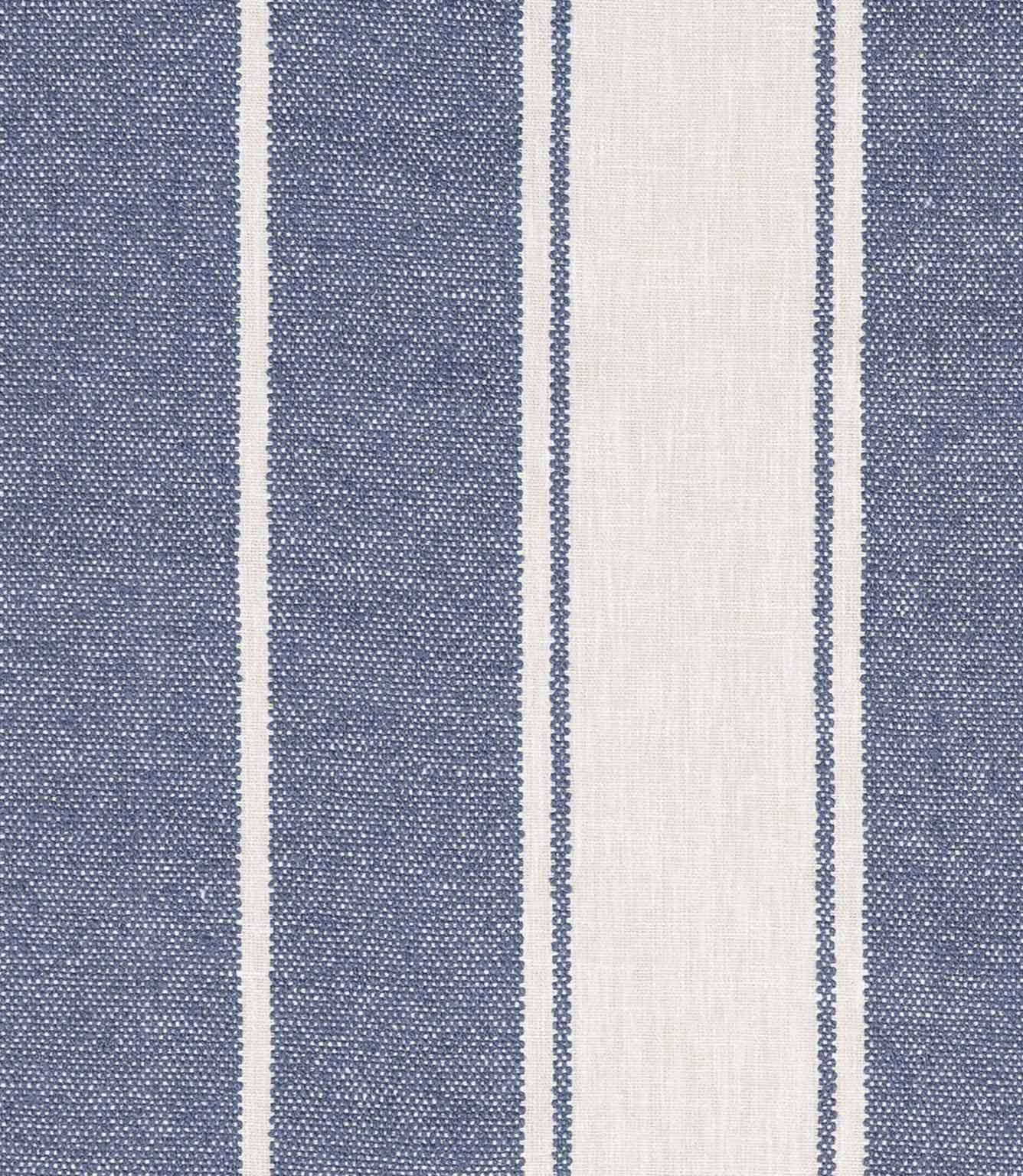 Blue and off-white striped fabric with bold vertical bands and a softly textured weave.