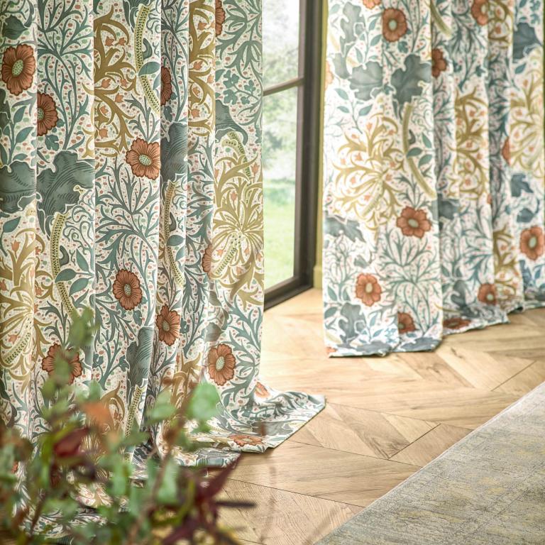 Seaweed Stone / Sunflower Pencil Pleat Curtains - Just Fabrics