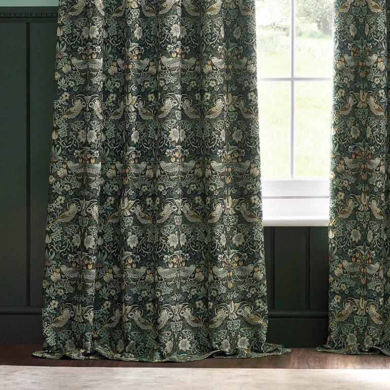 Strawberry Thief Jacquard Forest Green Pencil Pleat Curtains - Just Fabrics