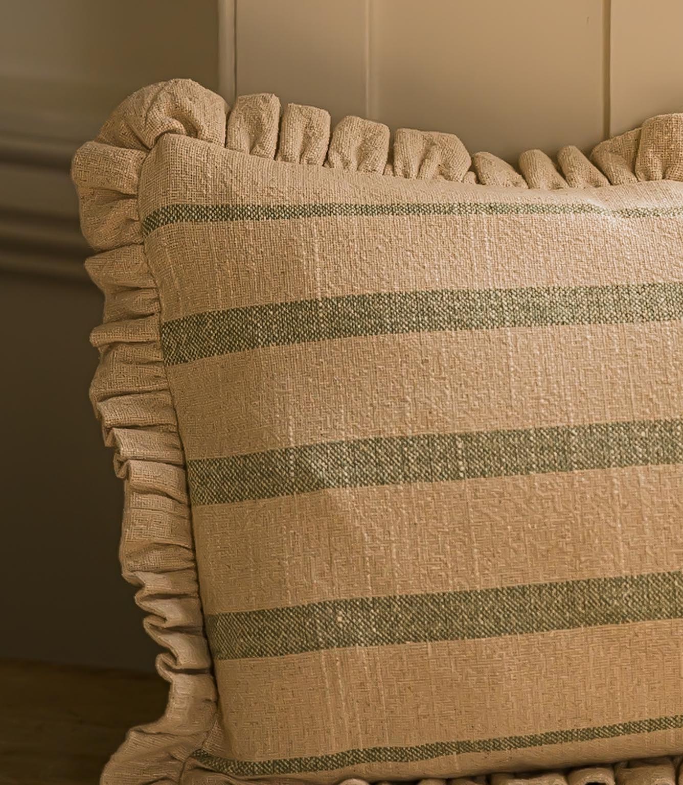 The Rustic Stripe Ruffle Rectangle Cushion Sage