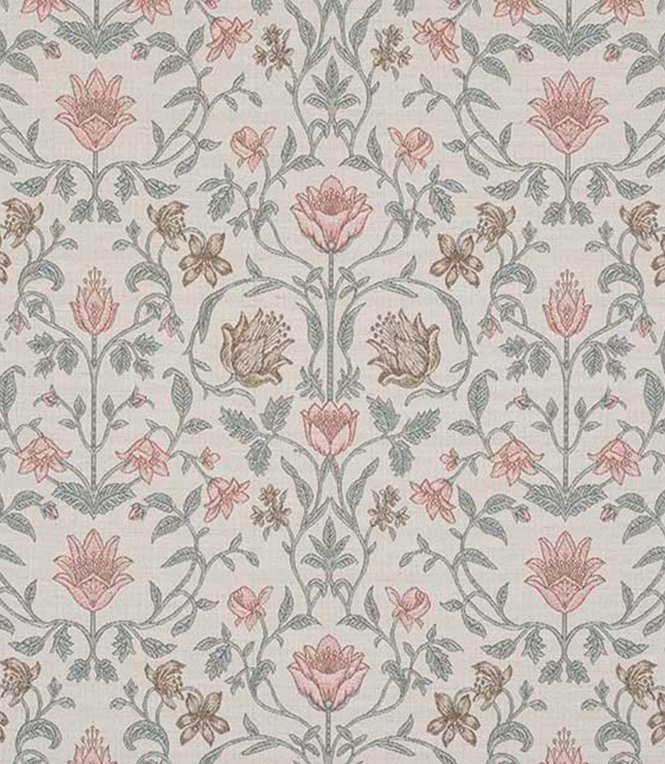 Close-up view of a classic floral fabric with delicate pink blossoms, sage green leaves and taupe accents on a soft neutral background, emphasising the intricate pattern detail.