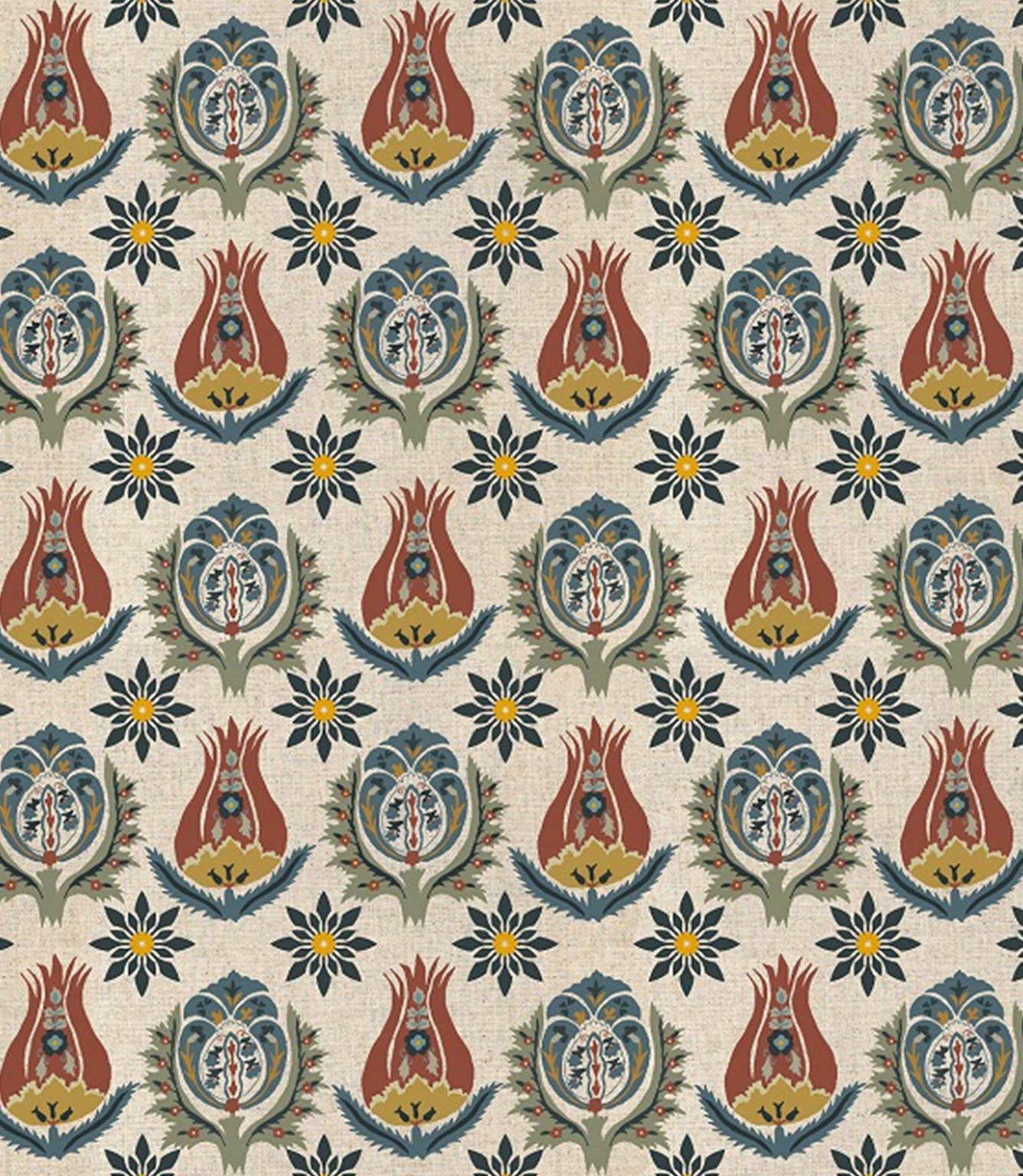 Talia designer fabric with small scale floral motif and intricate repeating botanical pattern, suitable for curtains blinds cushions and upholstery