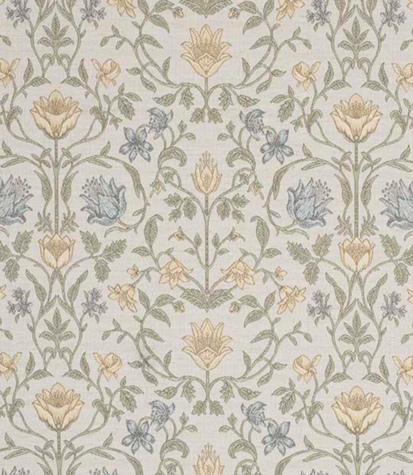 Detailed botanical fabric featuring stylised flowers in soft yellow, pale blue and muted green tones on a light neutral base, with a balanced and symmetrical layout.