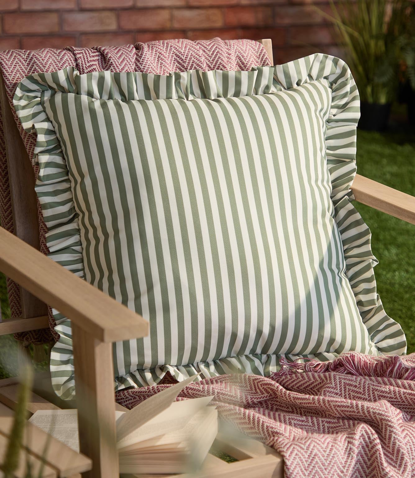 Millie Ruffle Green Striped Outdoor Cushion