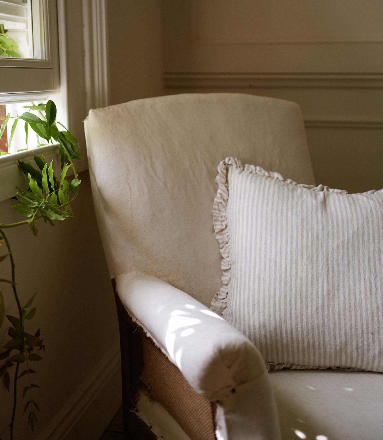 The Provence Ticking Stripe Washed Linen Cushion Taupe