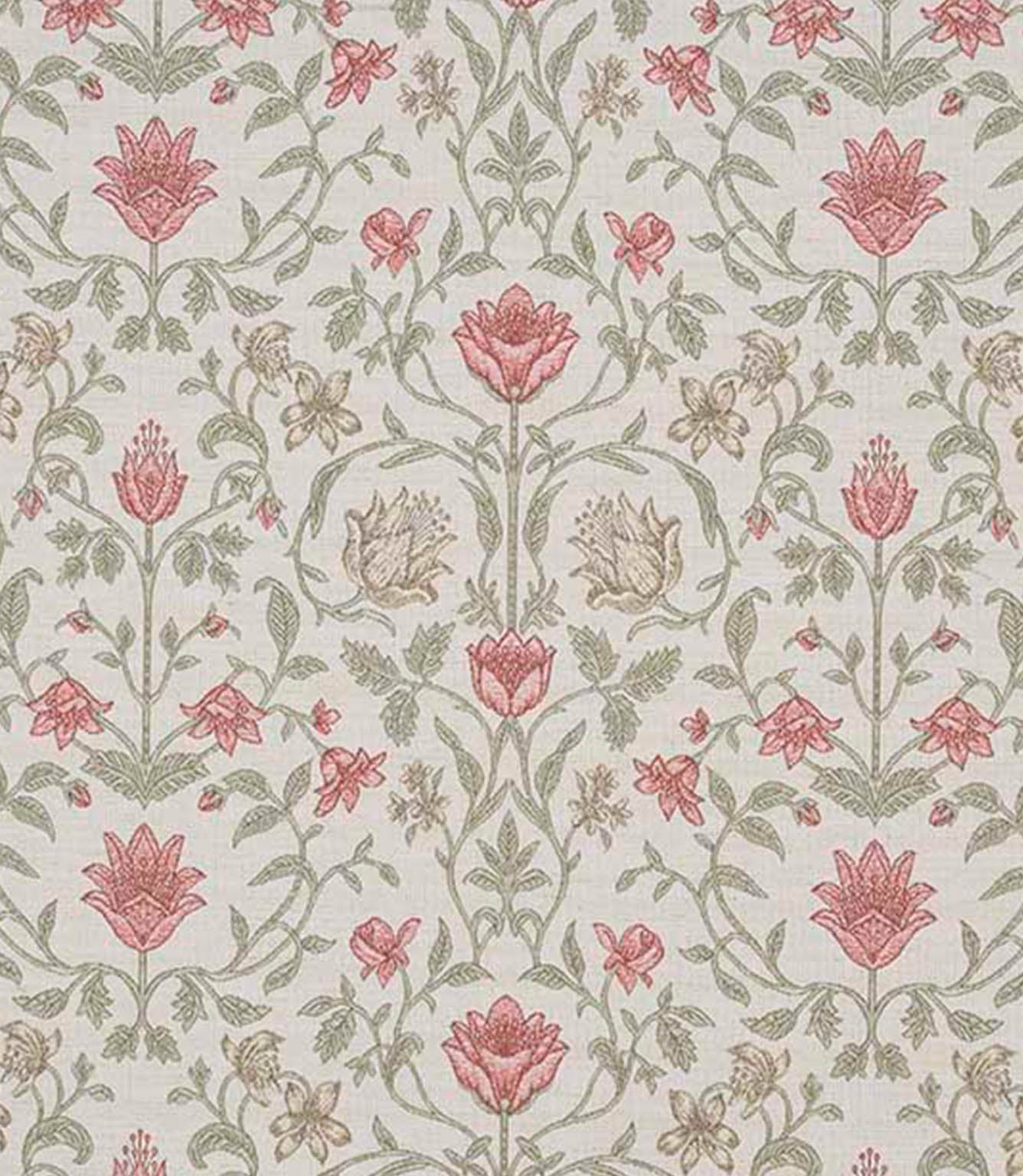 Close-up of a traditional floral and foliage fabric with coral red blossoms, olive green scrolling stems and soft taupe botanical details on a light neutral background, showing a finely woven texture and heritage-inspired repeat.