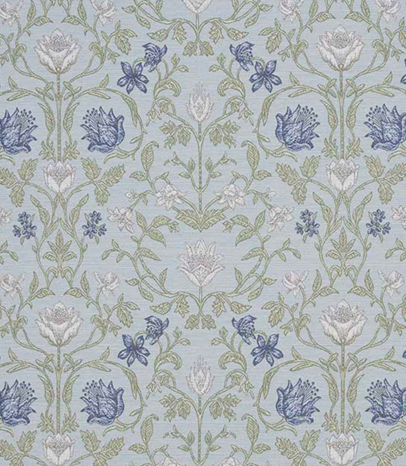 Traditional floral fabric with intricate foliage and botanical motifs in soft blue, sage green and ivory tones on a pale background.