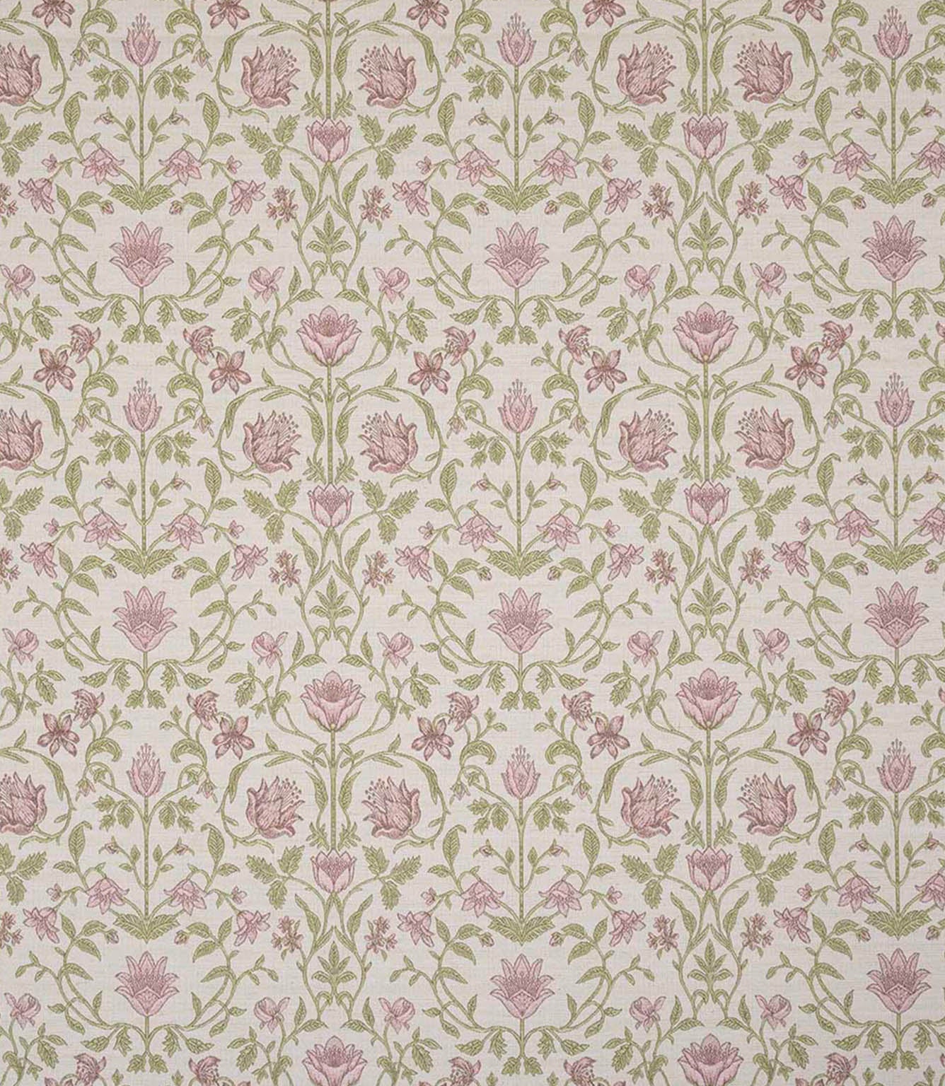 Decorative floral fabric featuring a traditional pattern in dusty pinks, warm greens and soft neutrals on a light beige background, with finely drawn leaves and stylised flowers.