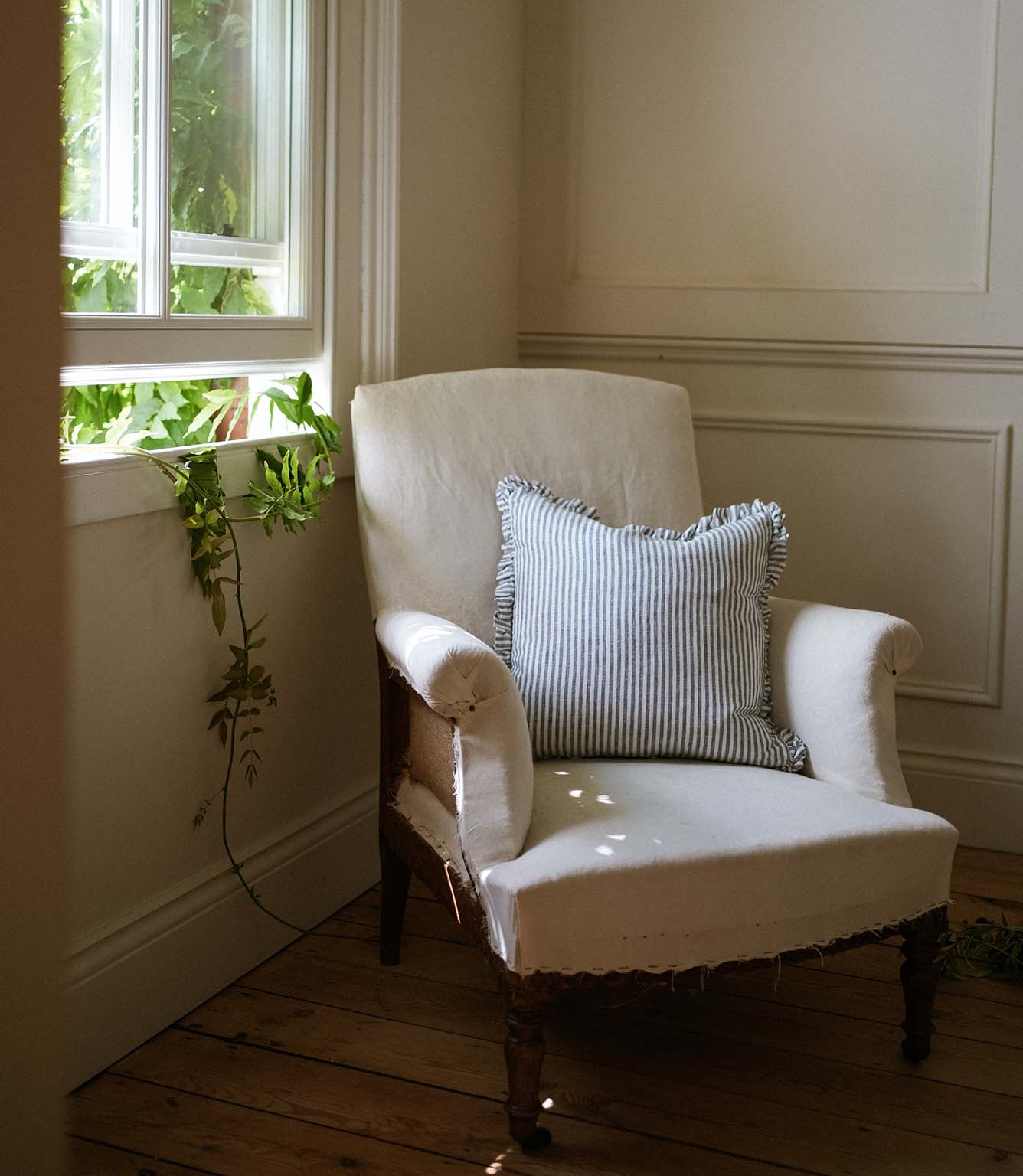 The Provence Ticking Stripe Washed Linen Cushion Blue