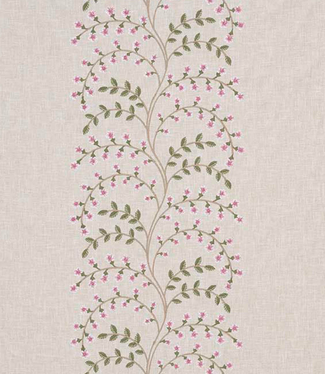 Embroidered floral and foliage fabric with a vertical trailing vine design, featuring soft pink blossoms and muted green leaves on a warm neutral linen-style background.