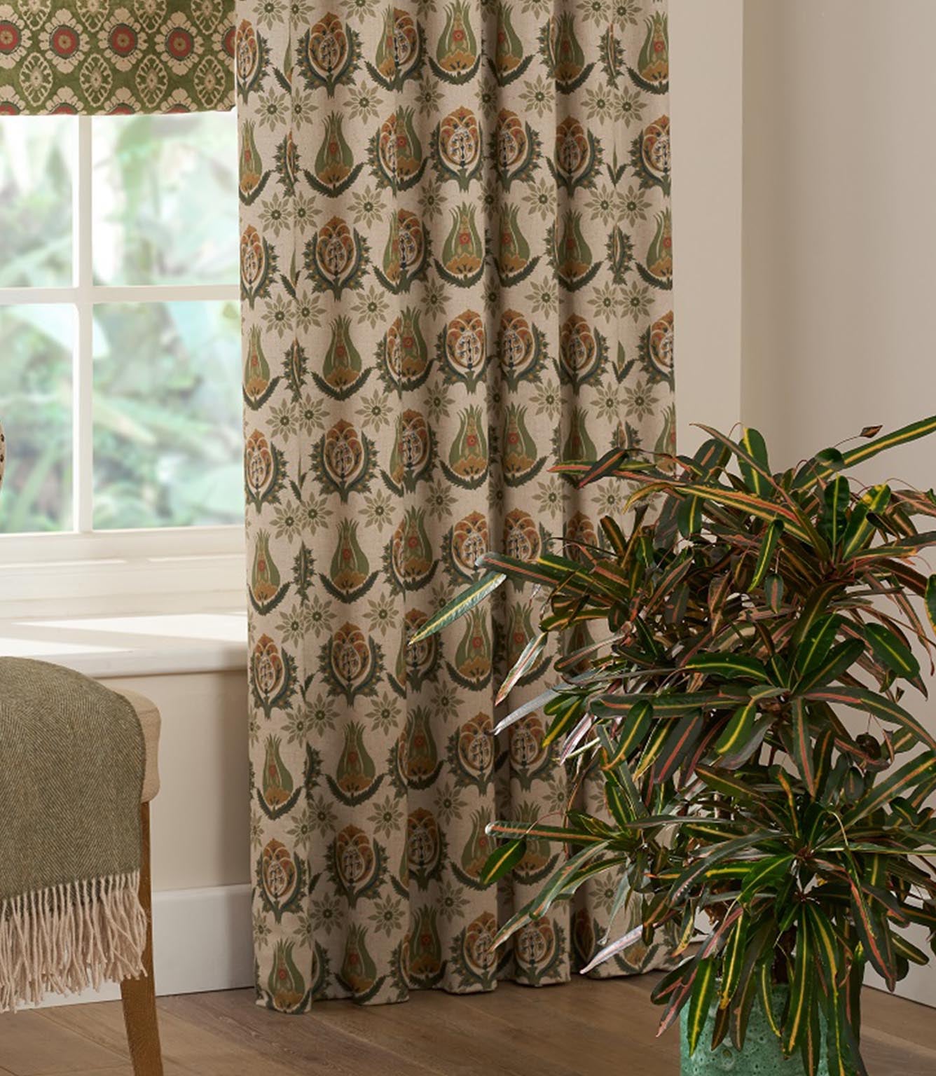 Talia designer fabric used for curtains and roman blinds in a styled interior, ideal for curtains blinds cushions and upholstery