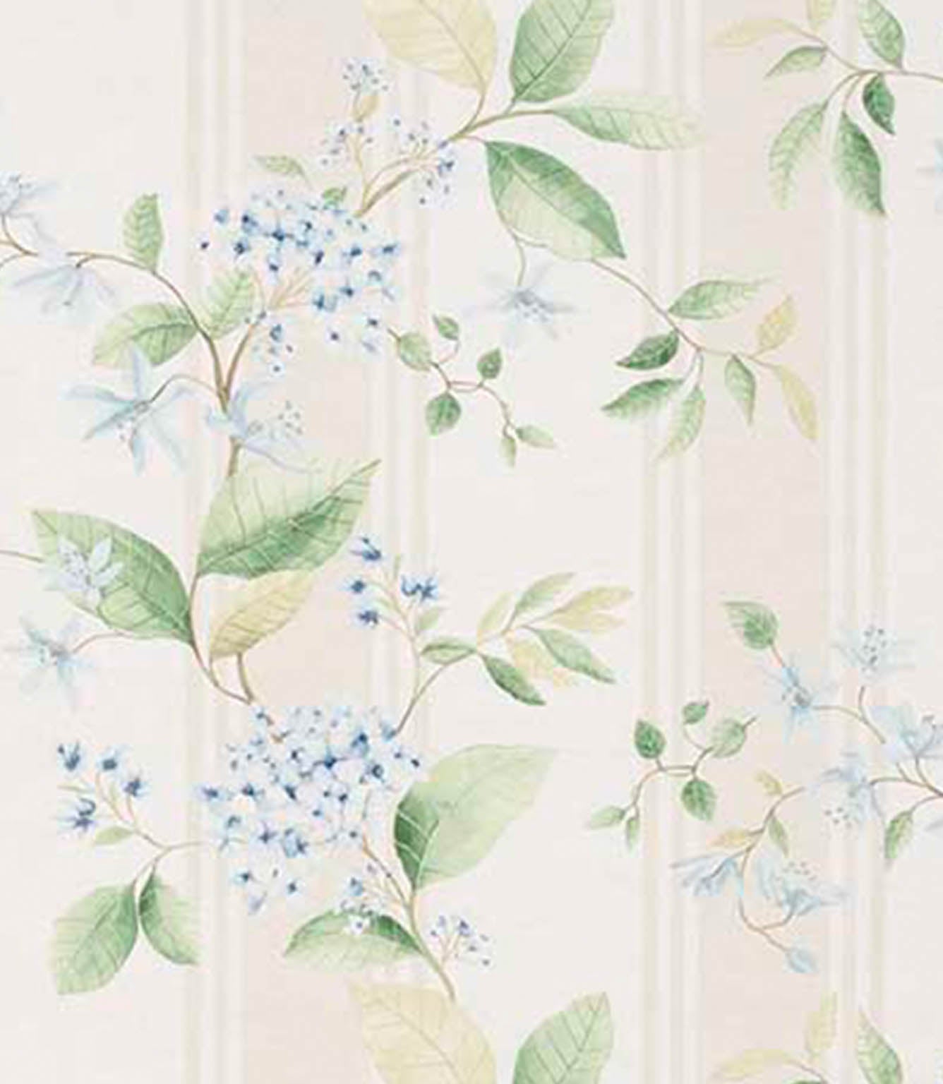 Designer fabric with soft green foliage and delicate white floral clusters on a pale ivory background with subtle light blue vertical stripes.