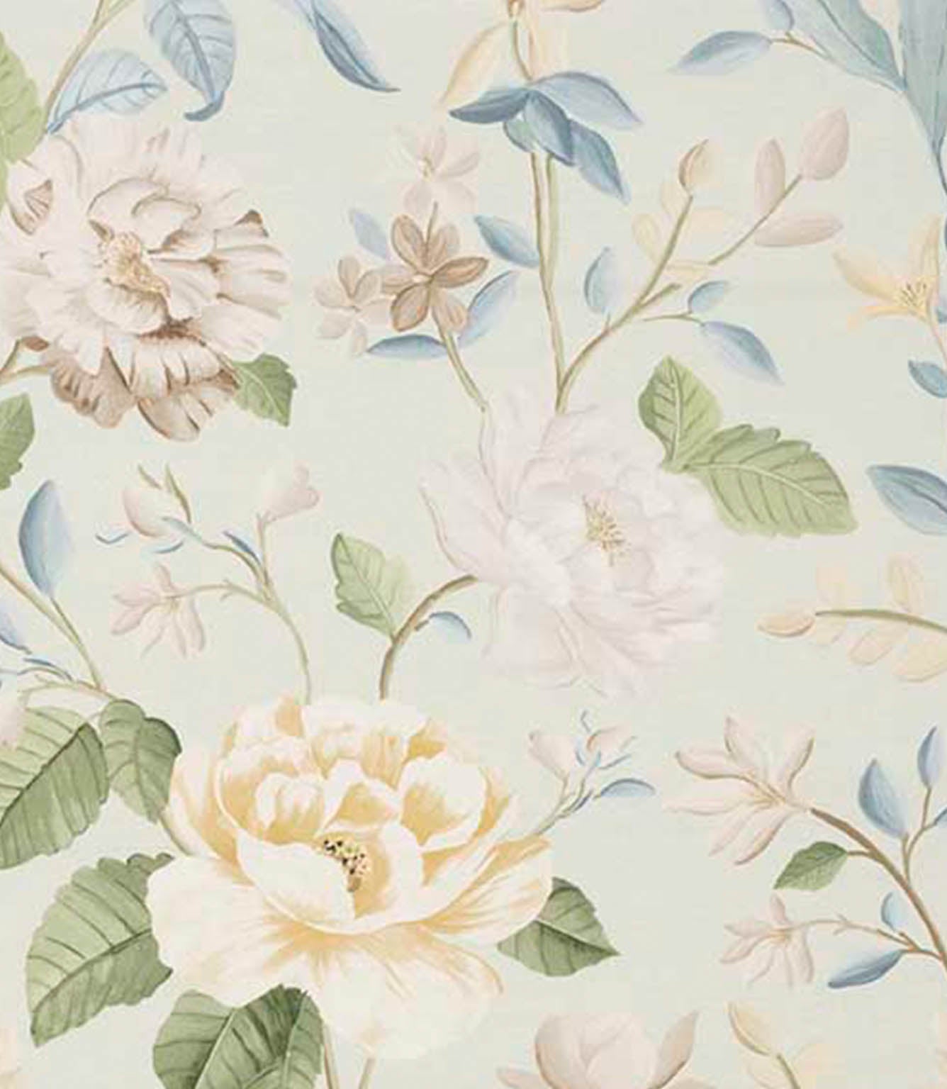 Designer fabric with delicate floral blooms in soft cream and pale yellow tones, accented by light blue leaves and fresh green foliage on a gentle ivory background.