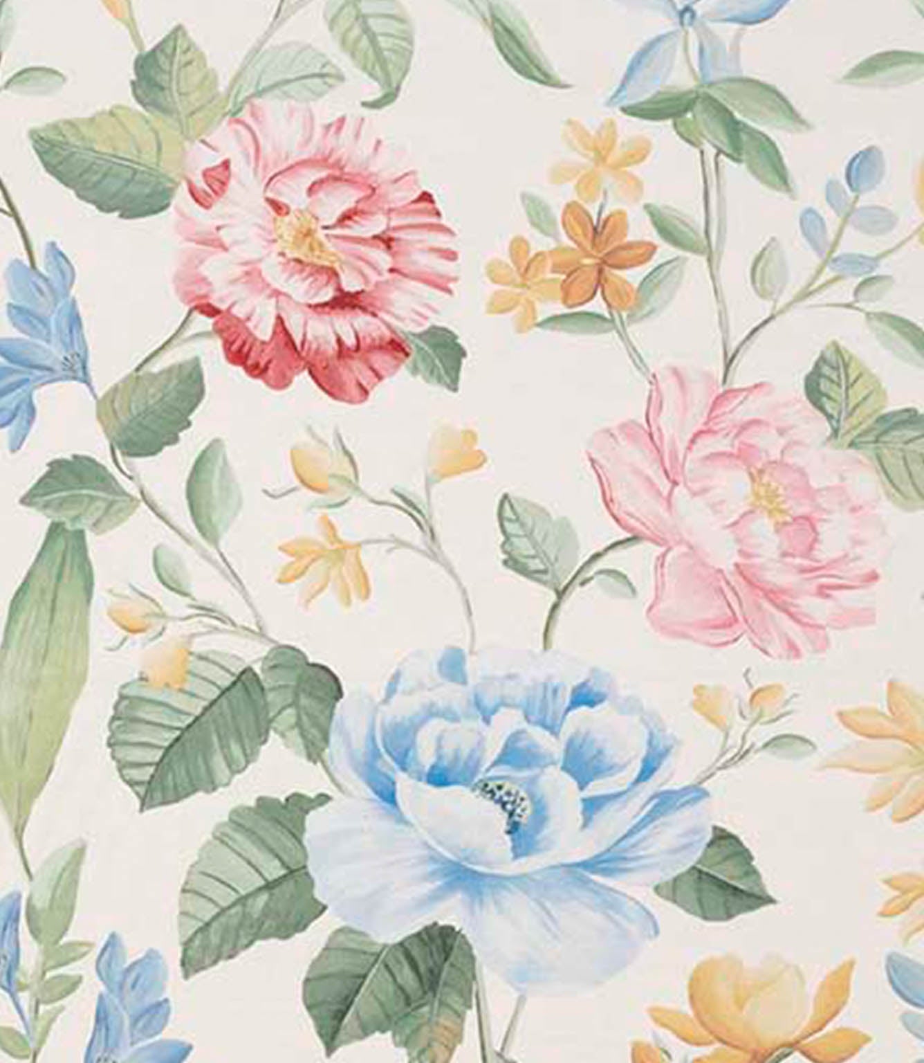 Designer fabric featuring large-scale floral blooms in soft blue, pink and yellow tones with fresh green foliage on a warm ivory background.