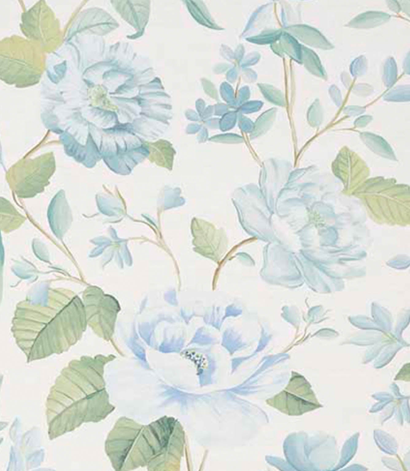 Designer fabric with soft blue floral blooms and light green foliage on a warm ivory background.