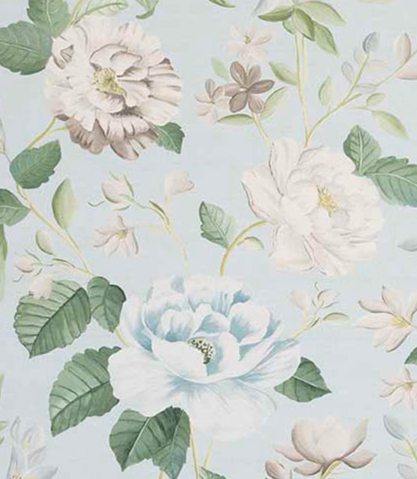 Designer fabric with delicate floral and foliage pattern in soft blue, green and neutral tones on a pale blue background.