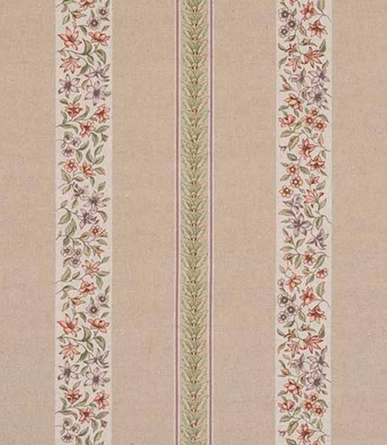 Woven designer fabric with vertical stripes featuring a small scale ditsy floral pattern in soft red, green and muted tones on a warm beige background.