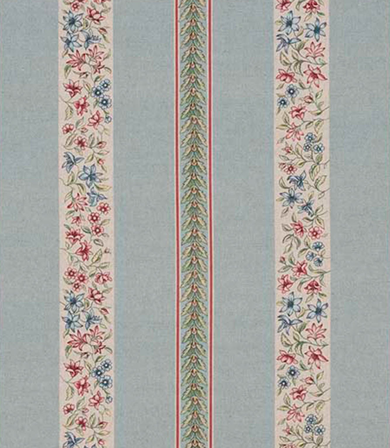 Woven designer fabric with vertical stripes featuring a small scale ditsy floral pattern in soft blue, red, and green tones on a light blue background.