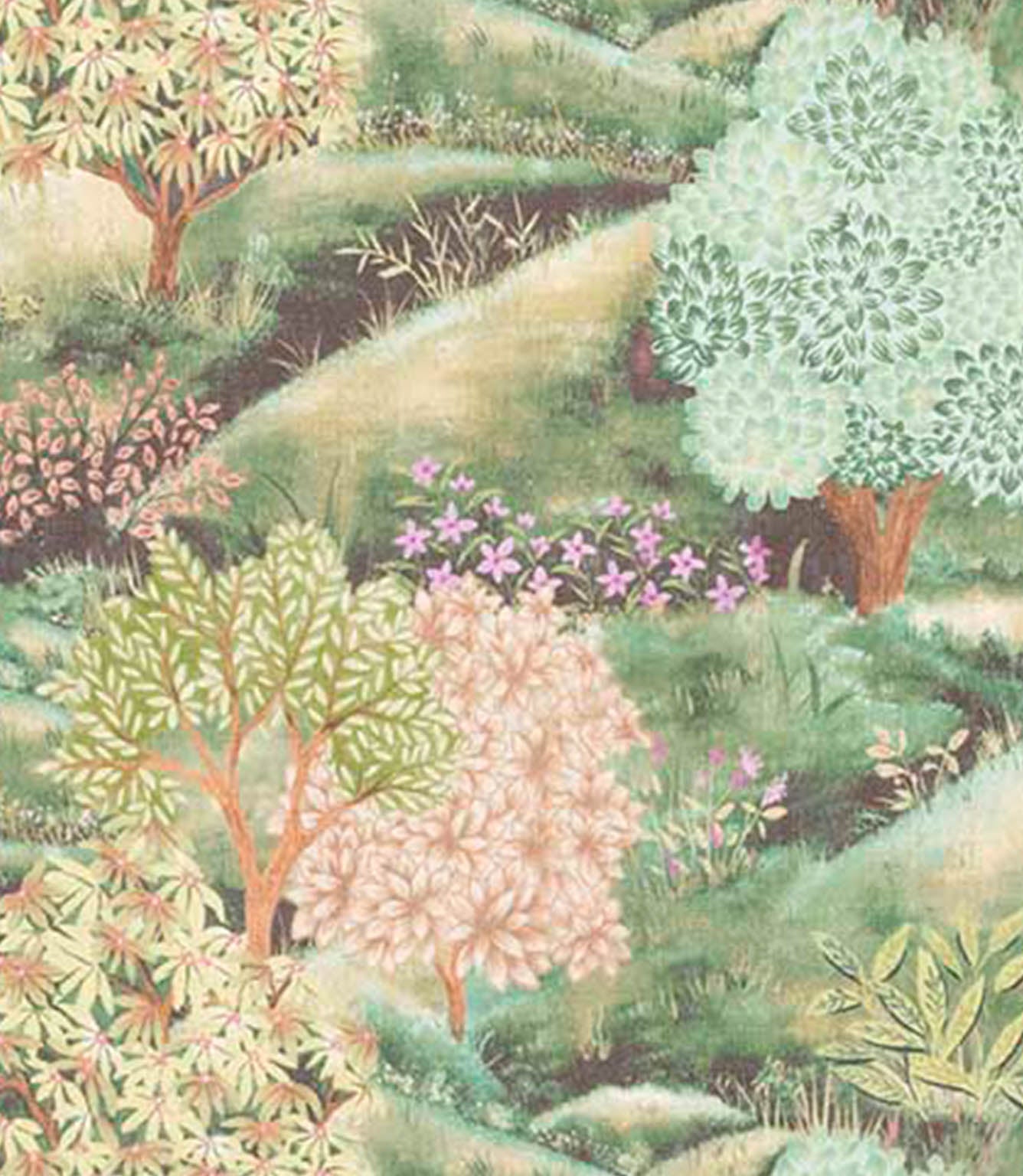 Fabric with a colourful illustration of a garden scene with trees, flowers, and a stream.