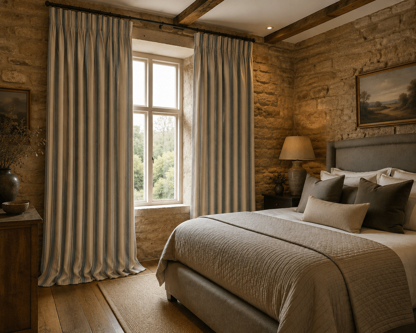 Luxury Cotswold bedroom with blue ticking stripe curtains, exposed stone walls and oak flooring, softly lit by natural daylight. Upholstered bed with layered neutral bedding and plain front cushion creates a warm, timeless countryside hotel aesthetic.
