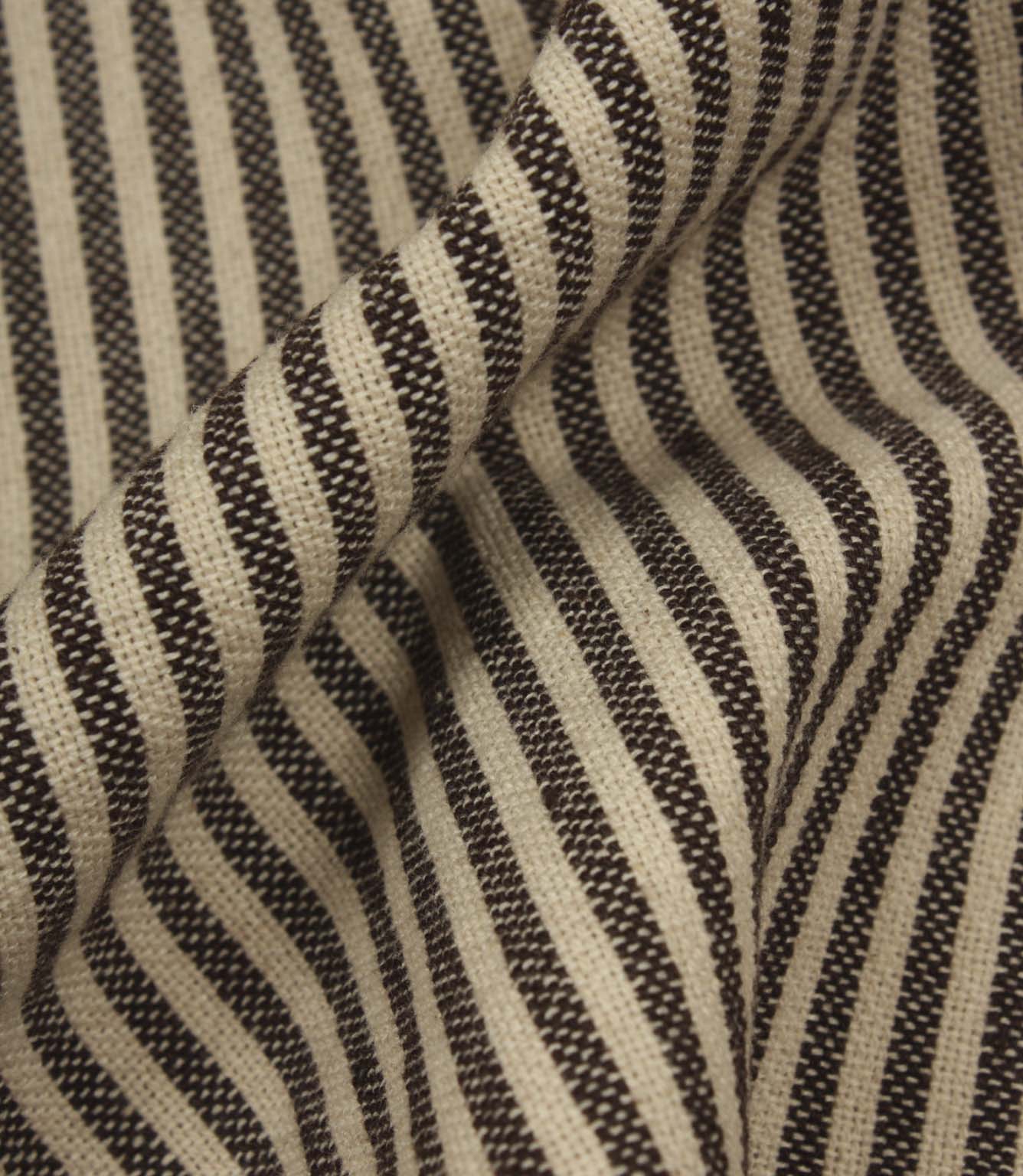 Rolled woven stripe fabric in neutral brown and cream with a classic narrow stripe pattern.