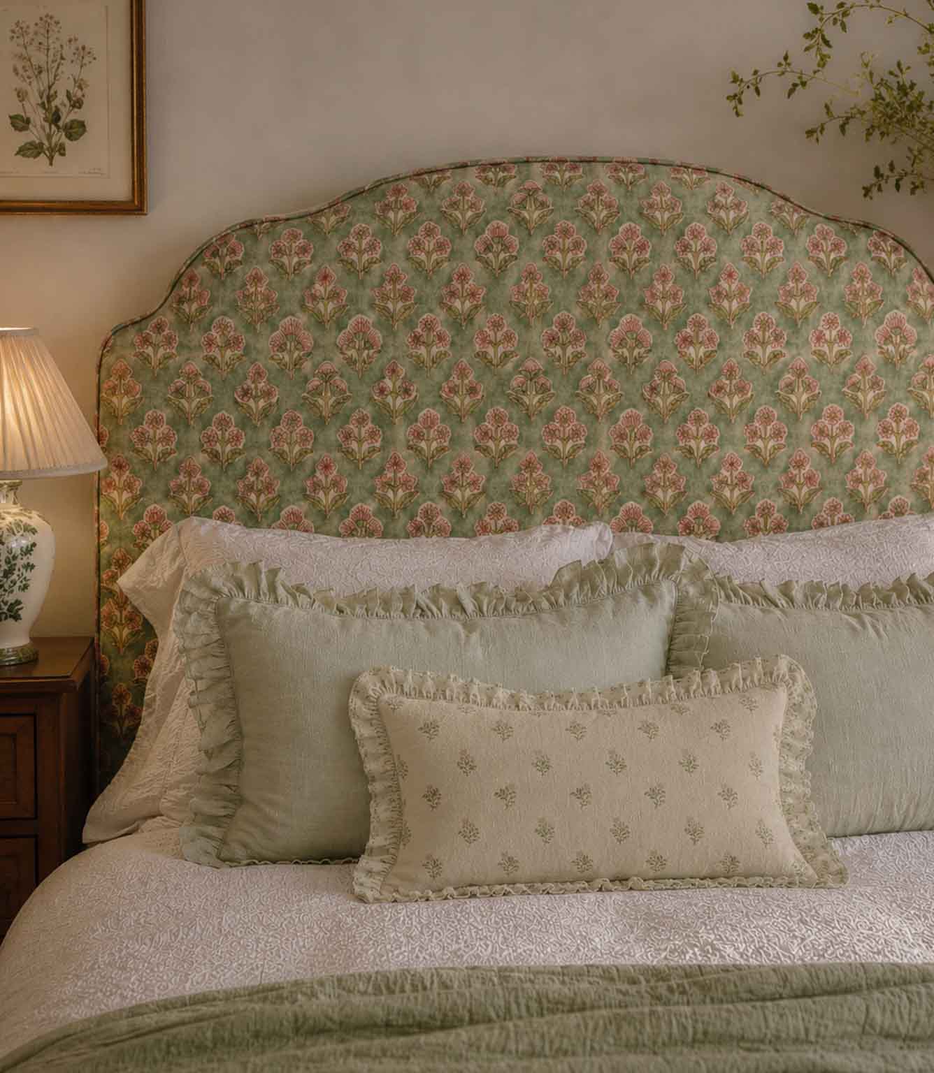 Bedroom with floral-patterned headboard and decorative pillows