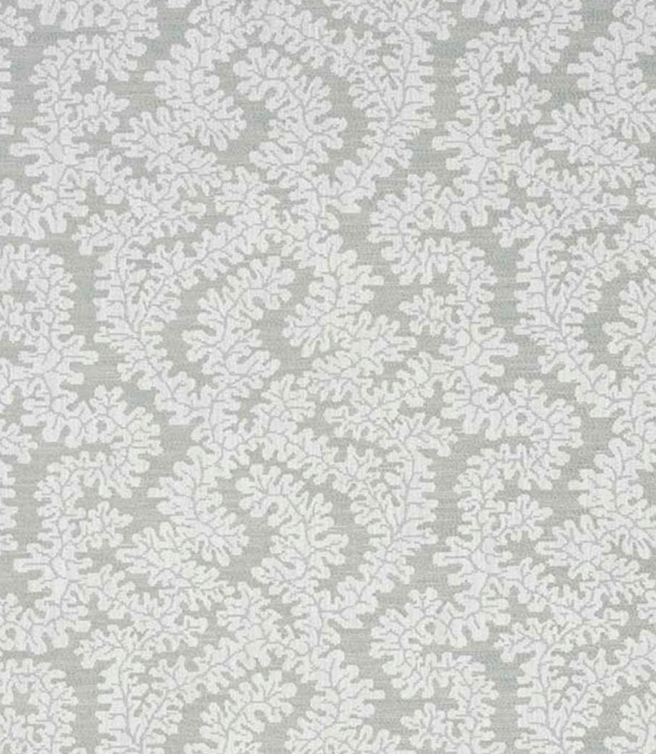 Close-up of woven foliage fabric featuring a delicate leaf pattern in soft sage green and off-white tones, with a subtle textured finish.