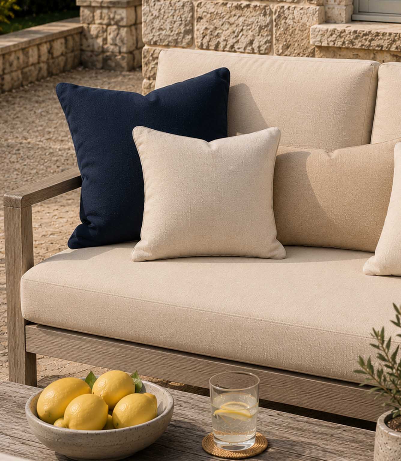 Waterproof fabric used for cushions and sofa in an outdoor Mediterranean summer garden space