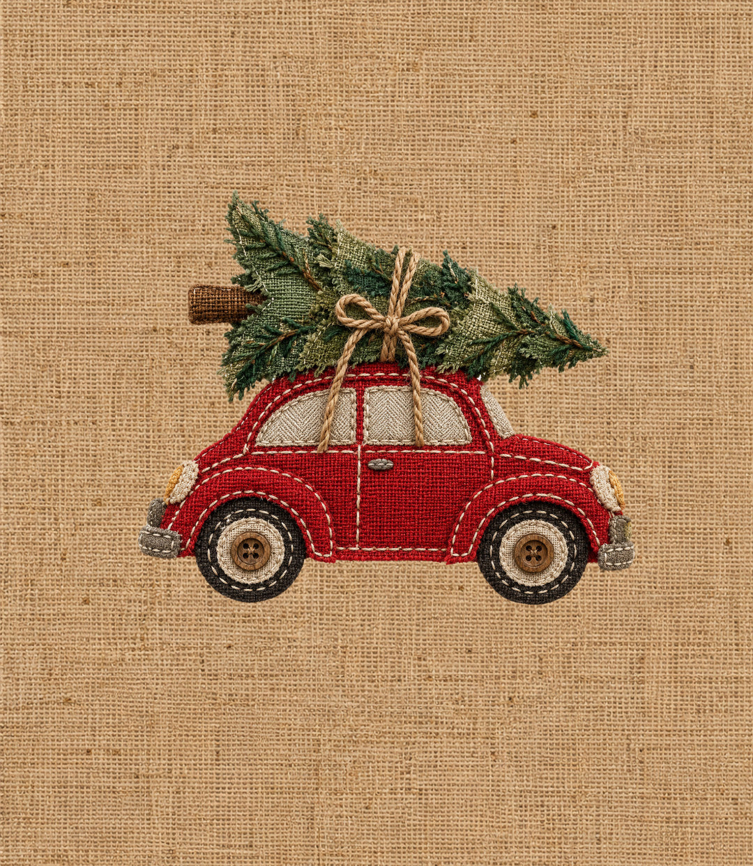 Embroidered design of a red vintage car carrying a green Christmas tree on its roof, stitched on a beige burlap fabric background.