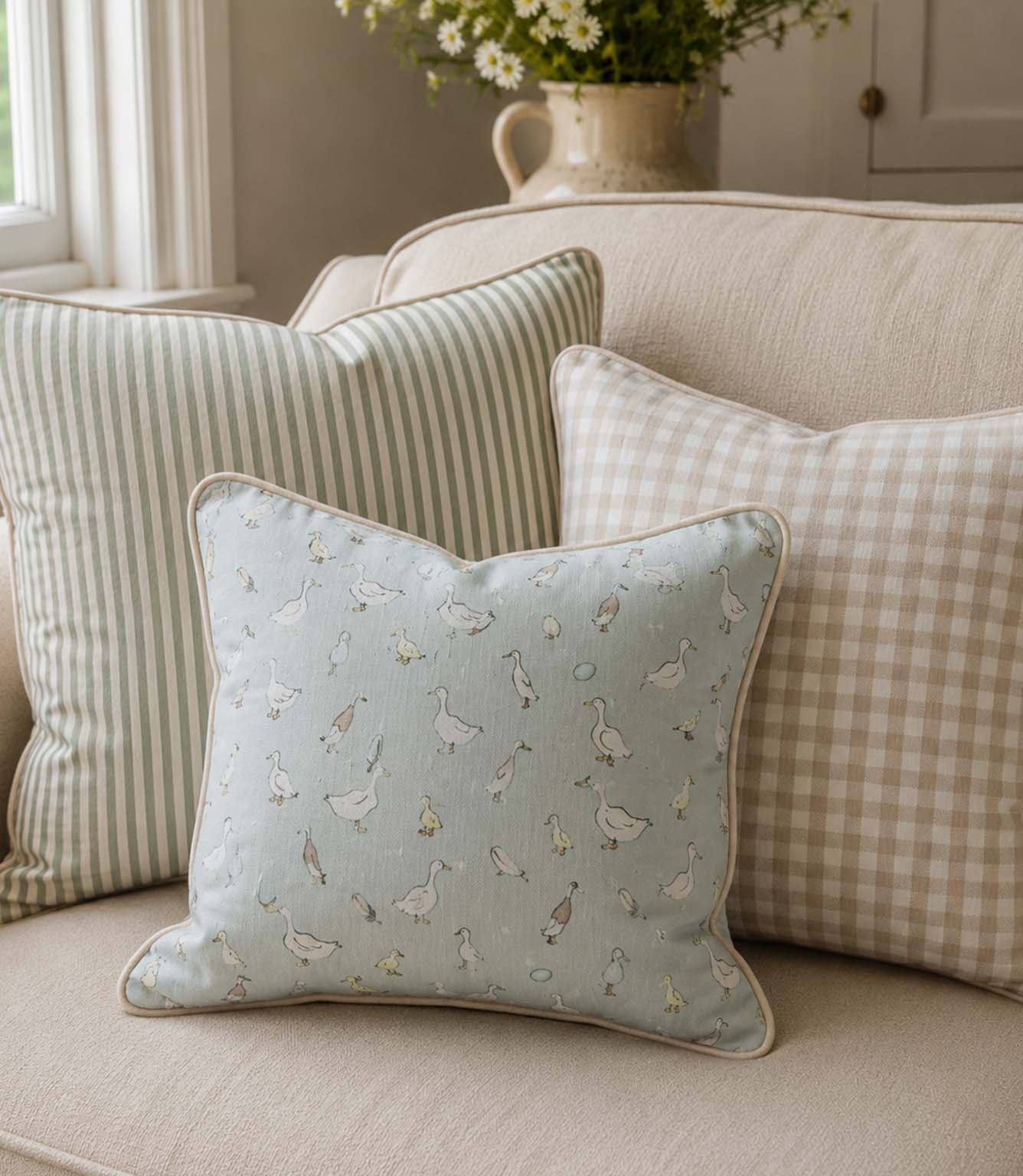 Country living room with duck patterned fabric cushions on a sofa