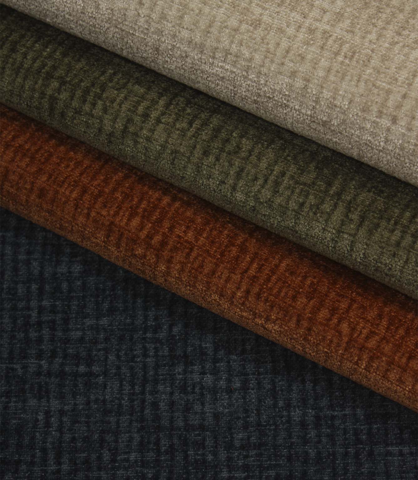 Everleigh upholstery fabric collection featuring Copper, Olive, Natural and Navy colourways with a textured plain velvet-look finish.