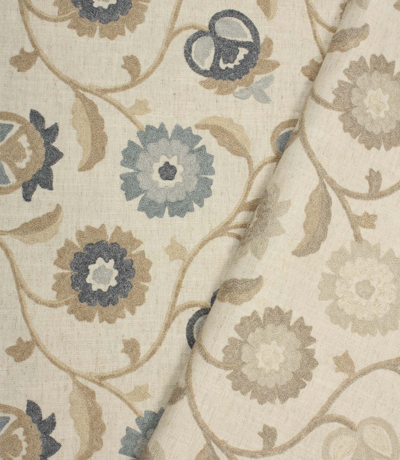 Foxmere fabric collection displaying Cornflower and Natural embroidered floral designs on a neutral linen-look base.