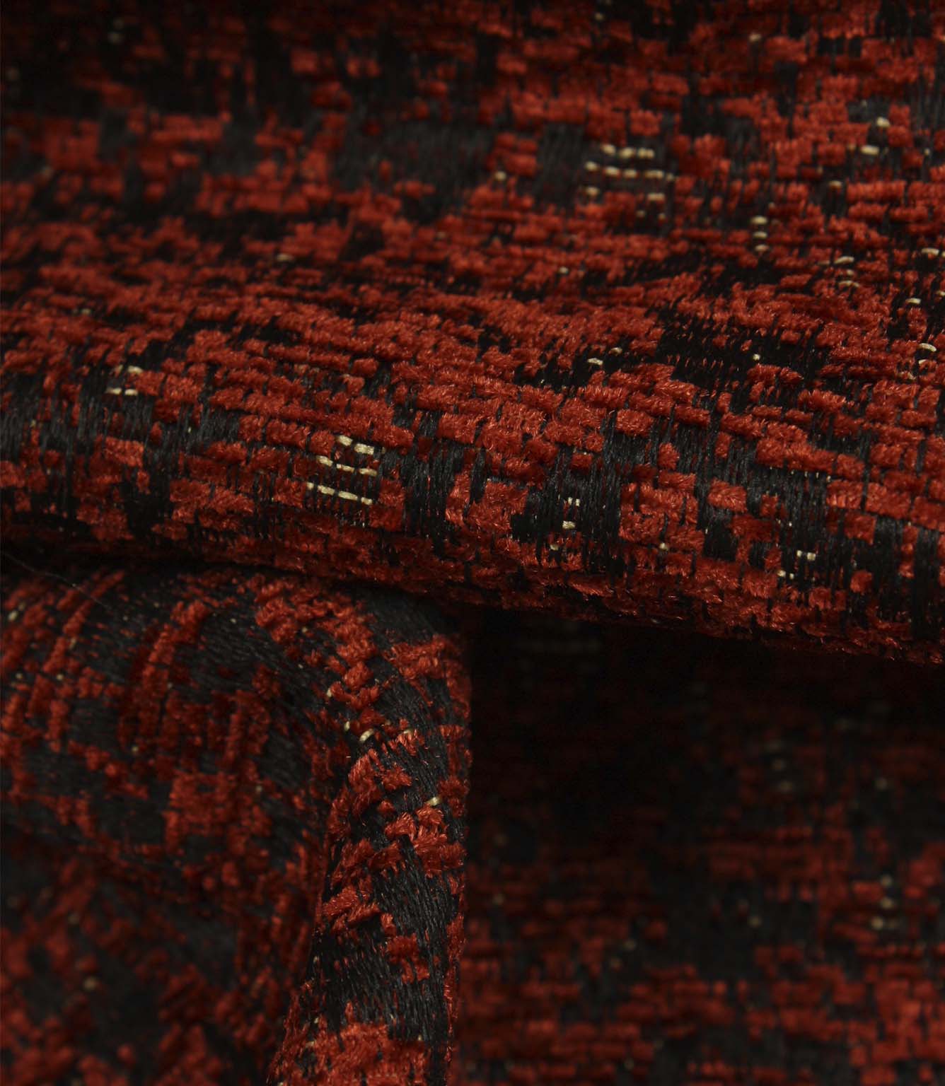 Detailed close-up of Galaxy fabric revealing the intricate weave and textured contemporary design in copper and black tones.