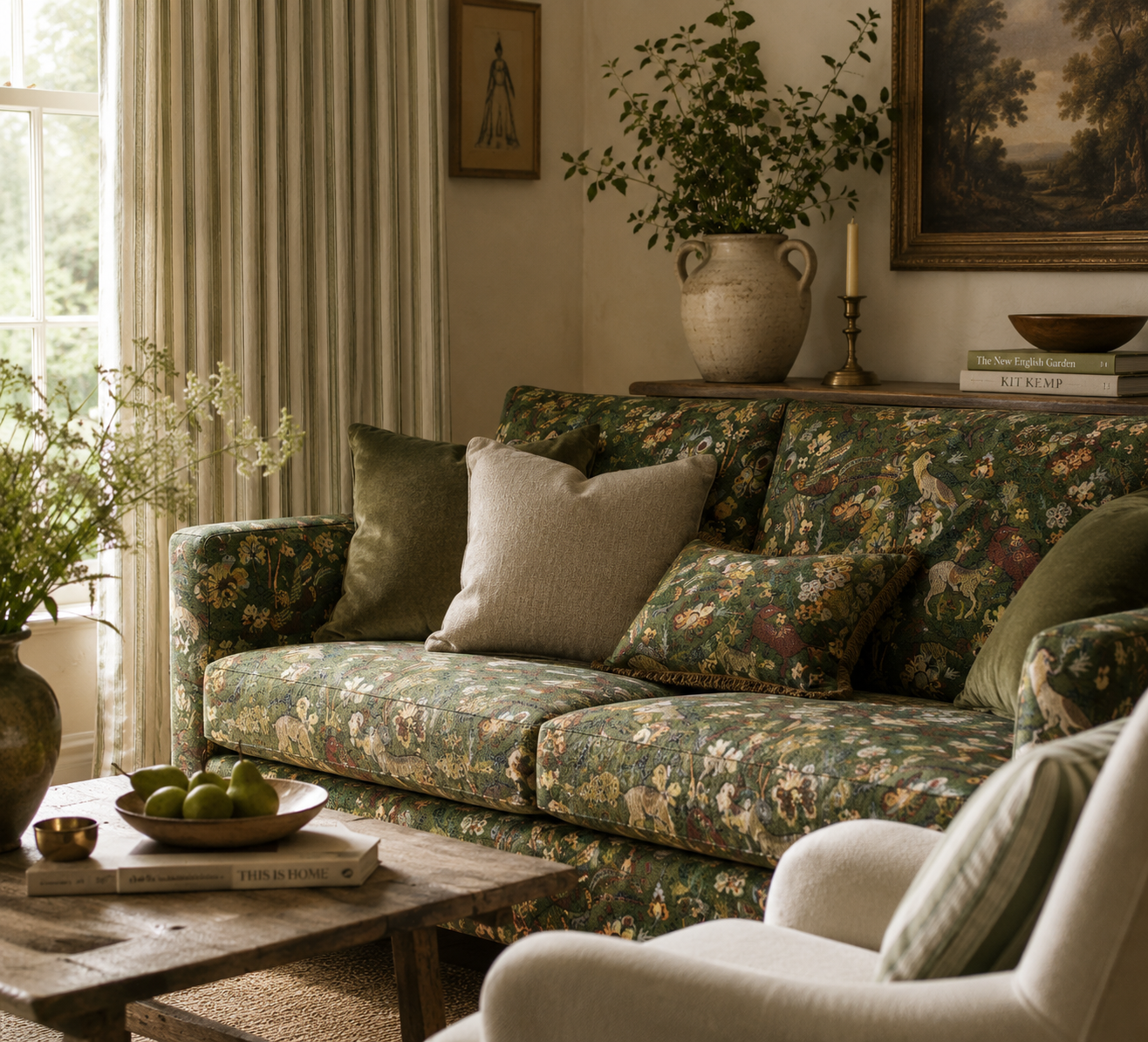 A warm British country living room featuring a sofa upholstered in richly patterned woodland tapestry fabric with birds, deer and floral motifs in deep green, rust and ochre tones. Soft natural daylight filters through striped linen curtains beside rustic wooden furniture, layered neutral cushions and ceramic accessories, creating a relaxed luxury interior with tactile textile detail and cosy countryside styling.
