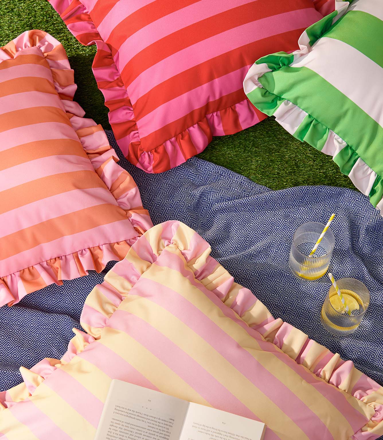 Palm Royale Stripe Ruffle Pink / Yellow Outdoor Cushion