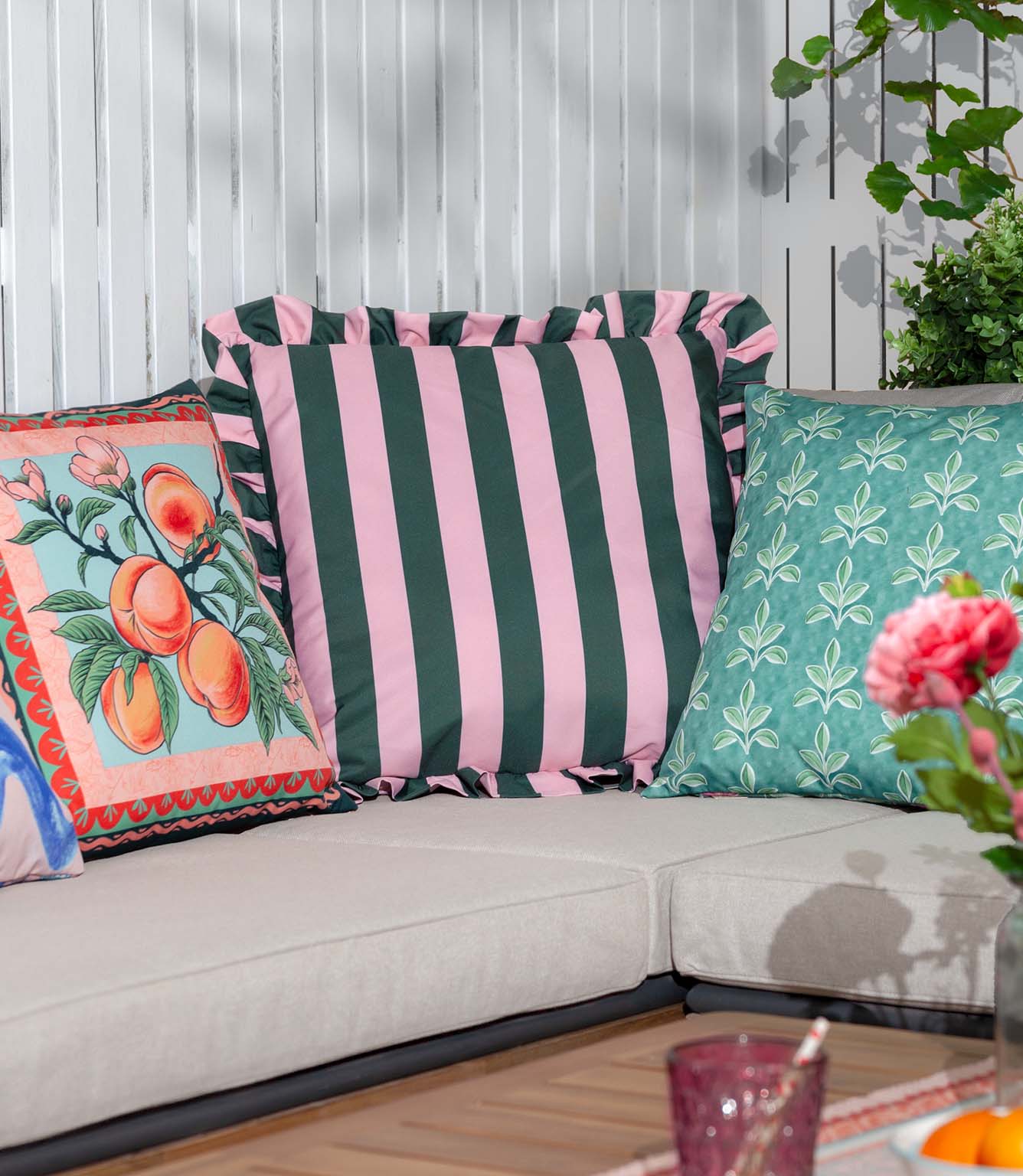 Palm Royale Stripe Ruffle Pink / Green Outdoor Cushion