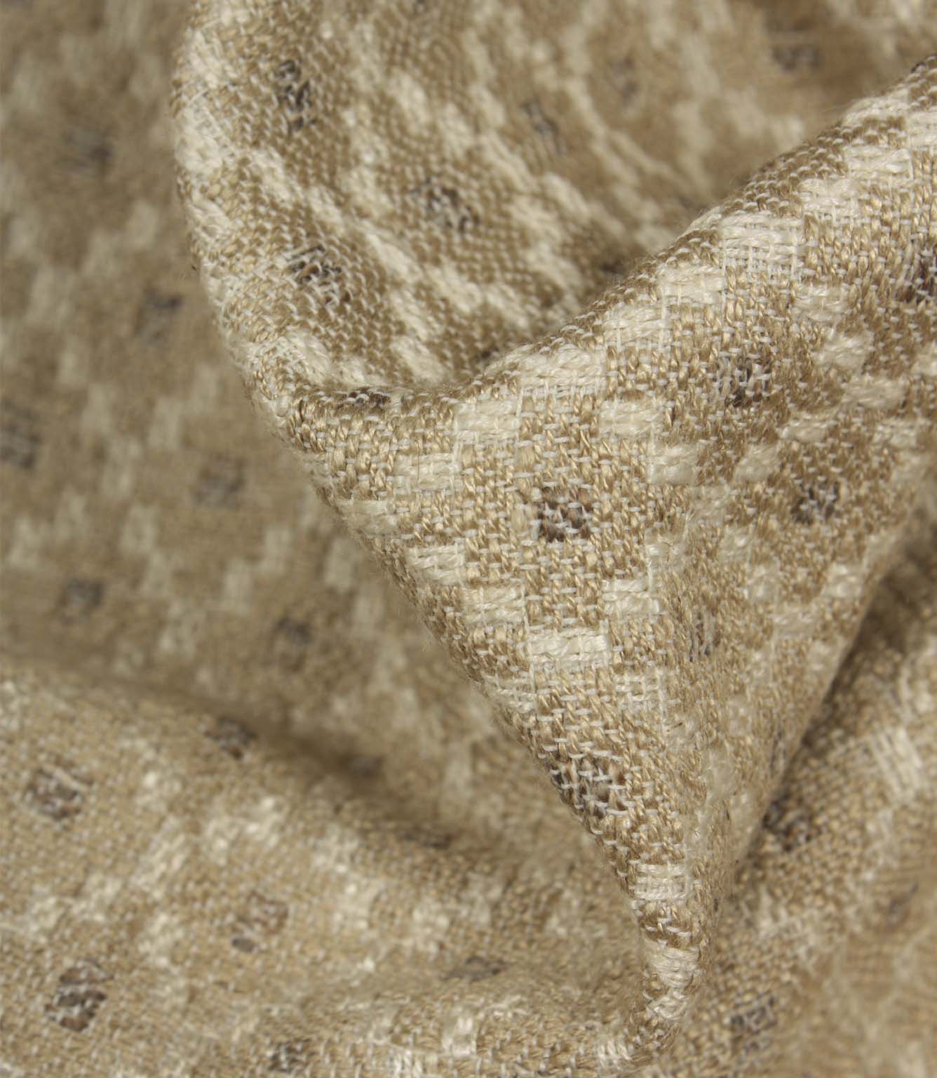 Detailed close-up of Rossini Natural fabric emphasising the rich woven texture, neutral colour palette and geometric pattern.