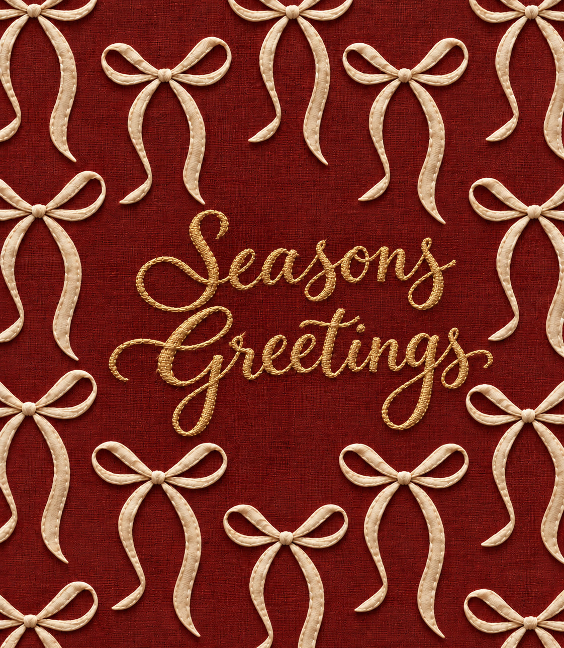 Red fabric with a repeating pattern of beige ribbon bows and the words 'Seasons Greetings' in gold cursive script in the center.