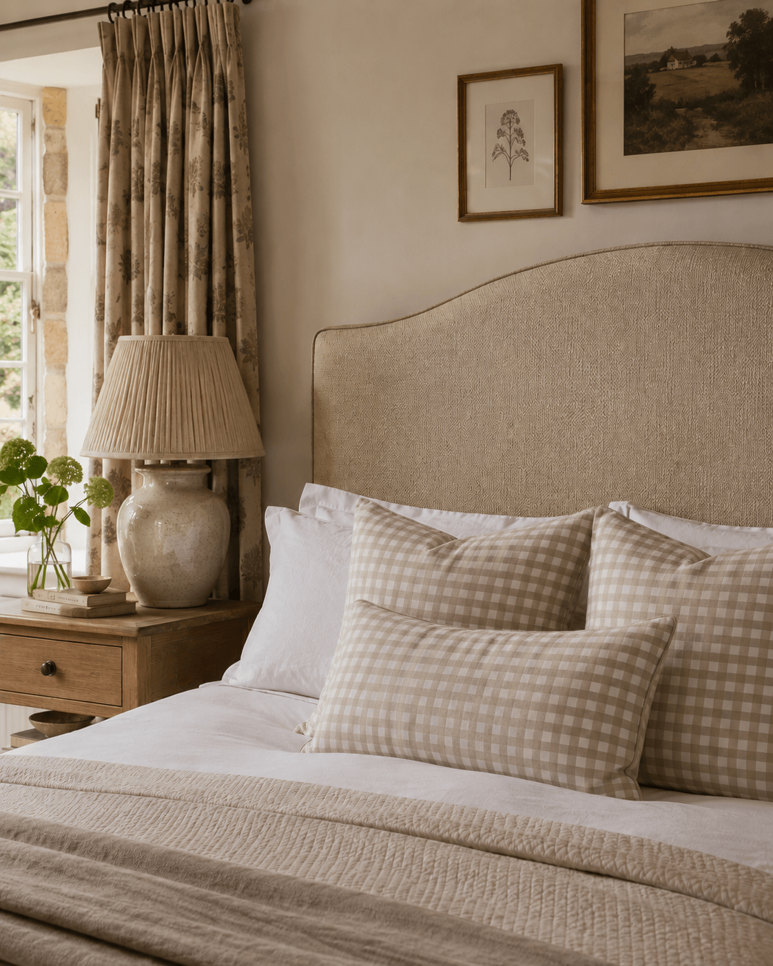 A warm Cotswold-inspired bedroom with a curved headboard upholstered in textured beige woven fabric, styled with neutral gingham pillows, layered bedding, soft natural light and relaxed rustic furnishings.