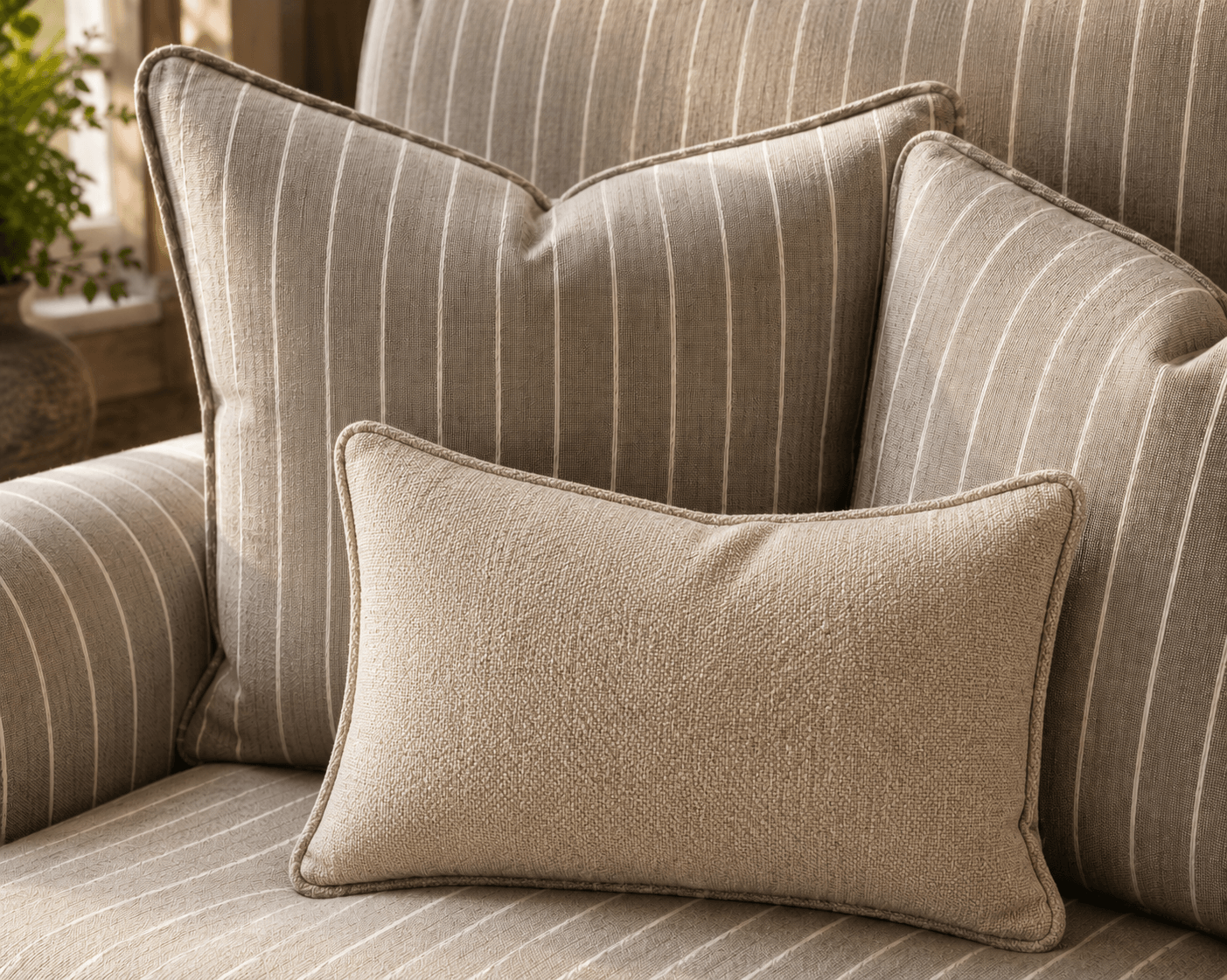 Close-up of striped woven upholstery fabric on cushions and armchair seating, highlighting the soft texture and tailored piping detail.