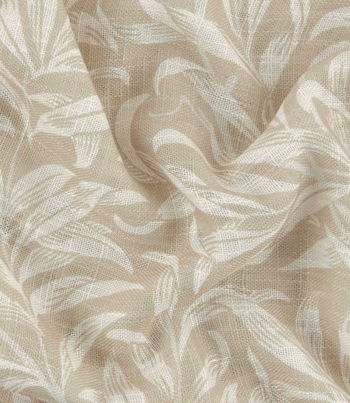Close-up of Pure Willow Boughs sheer 100% cotton fabric in linen beige and ivory, showing the open woven texture and flowing William Morris willow leaf pattern.
