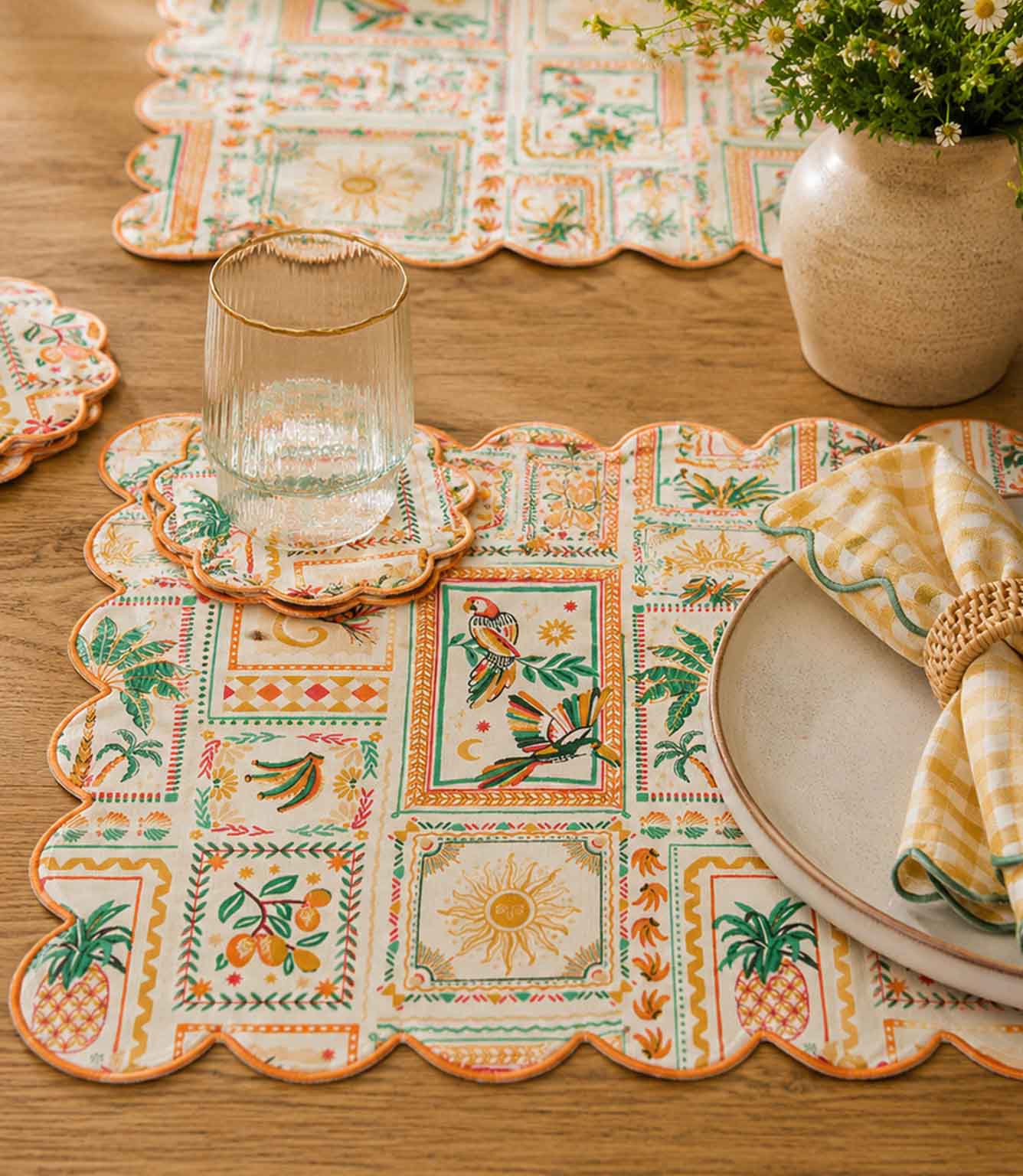 Tropical fabric placemats in summer dining room