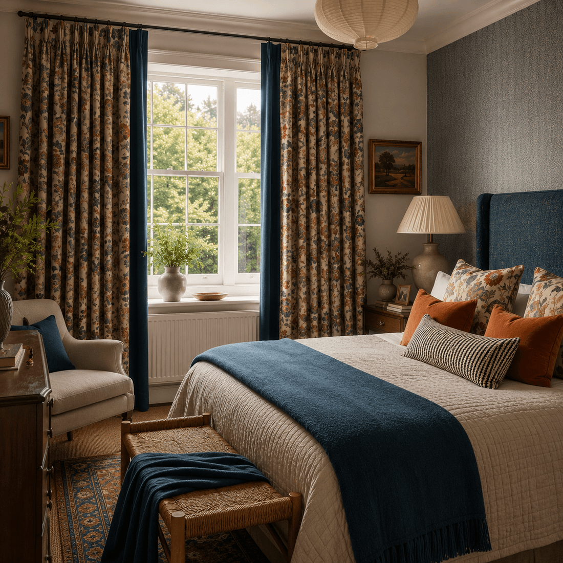 Elegant bedroom with colourful blackout curtains, warm natural daylight and layered luxury styling. Textured fabrics, deep blue and rust accents, realistic curtain drape and soft upholstery create a cosy, relaxed British country interior.