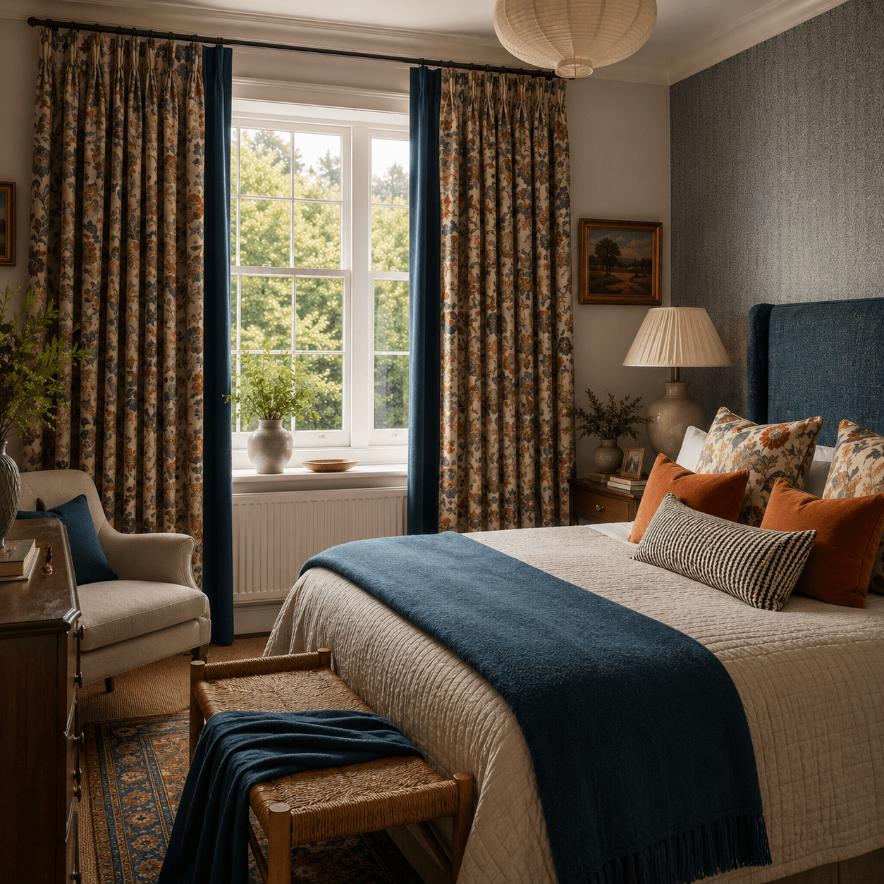 Elegant bedroom with colourful blackout curtains, warm natural daylight and layered luxury styling. Textured fabrics, deep blue and rust accents, realistic curtain drape and soft upholstery create a cosy, relaxed British country interior.