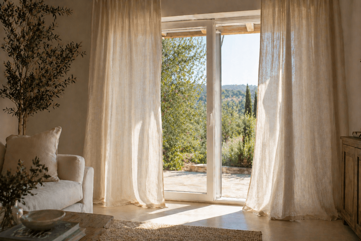 A bright, airy living room filled with warm summer sunlight. Sheer linen curtains hang loosely around open glass doors, gently diffusing the light and moving slightly as if in a breeze. Beyond the doors, a lush green garden stretches into the distance. In