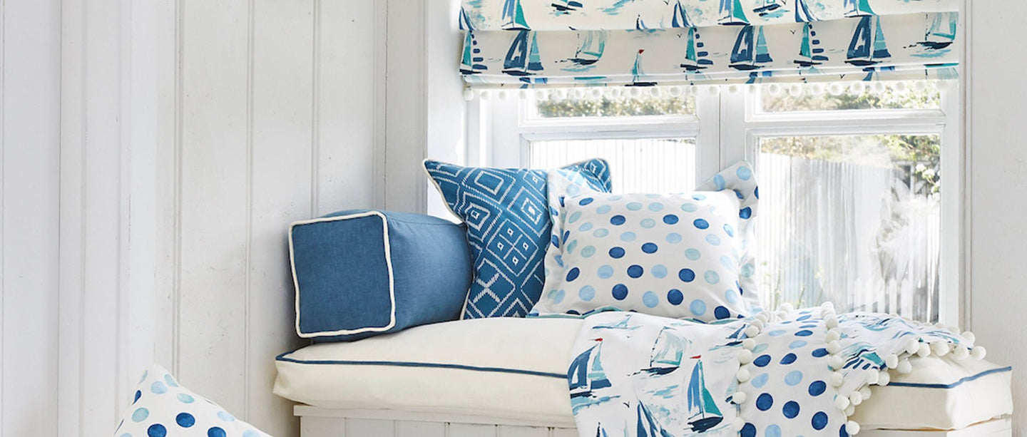 Coastal interior fabric in soft blue and neutral tones