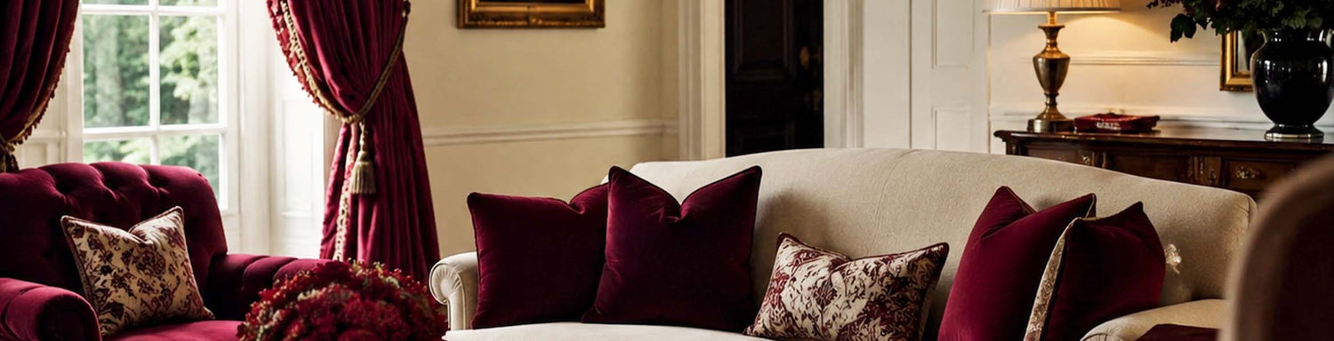 Luxury living room featuring rich burgundy velvet curtains, plush sofas with coordinating cushions, and elegant traditional décor in warm ambient lighting.