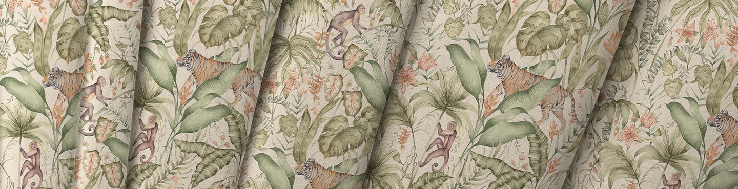 Jungle and tropical fabric with bold botanical and leaf prints